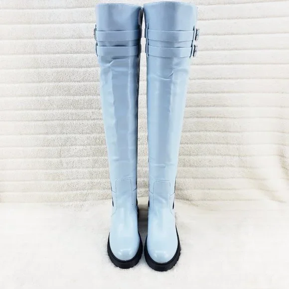 Techno Baby Blue Lycra Stretch Lug Sole Thigh High Combat Rider Brand New - Picture 8 of 16